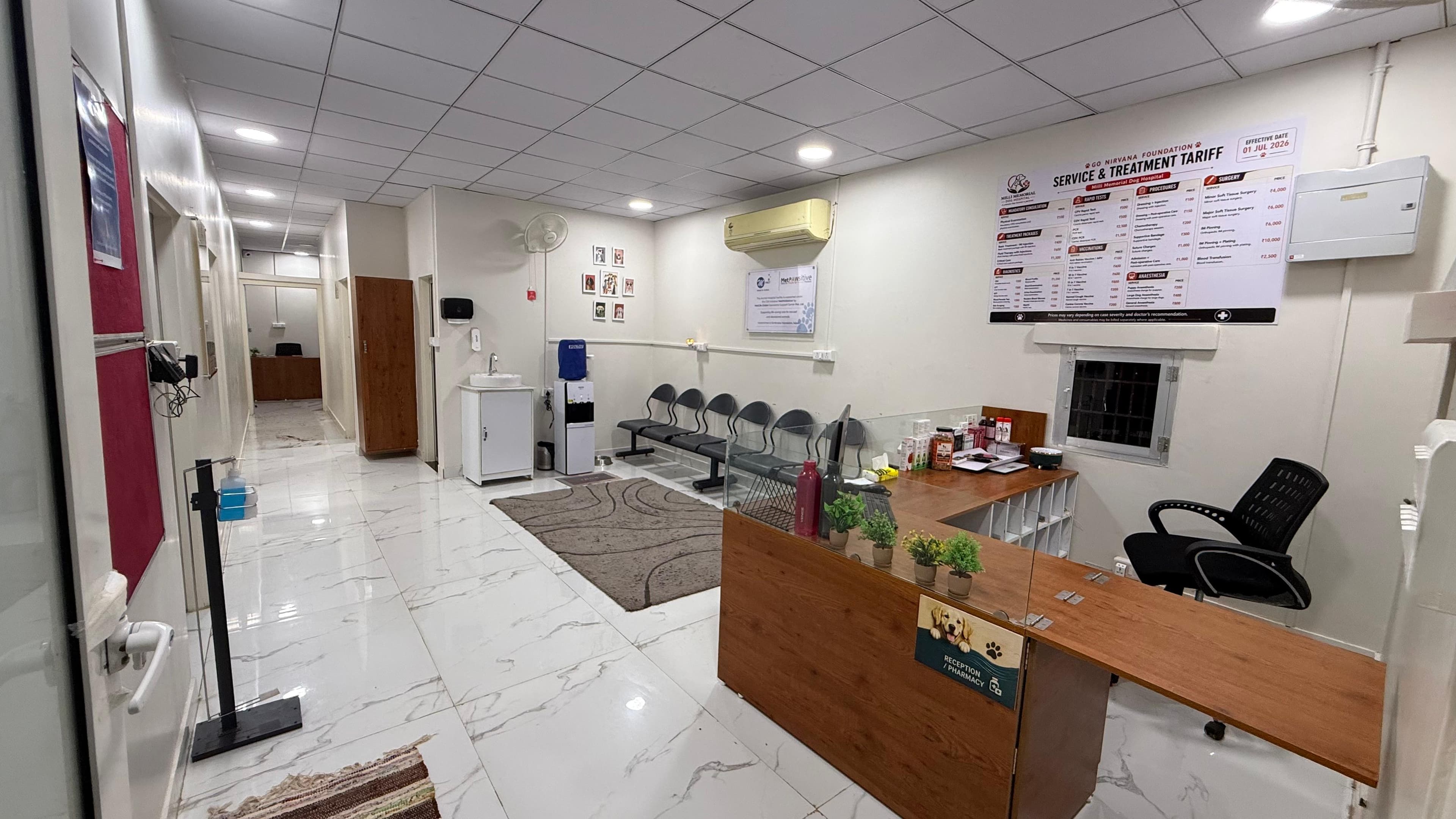 Reception and waiting area inside Milli Memorial Dog Hospital